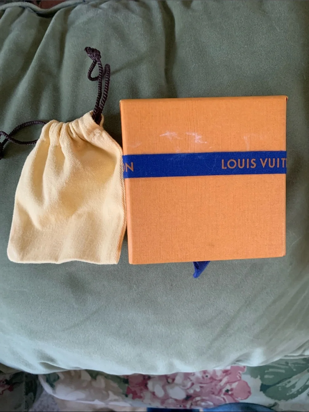 Louis Vuitton Orange Gift Box with Blue Ribbon and Beige Drawstring Pouch